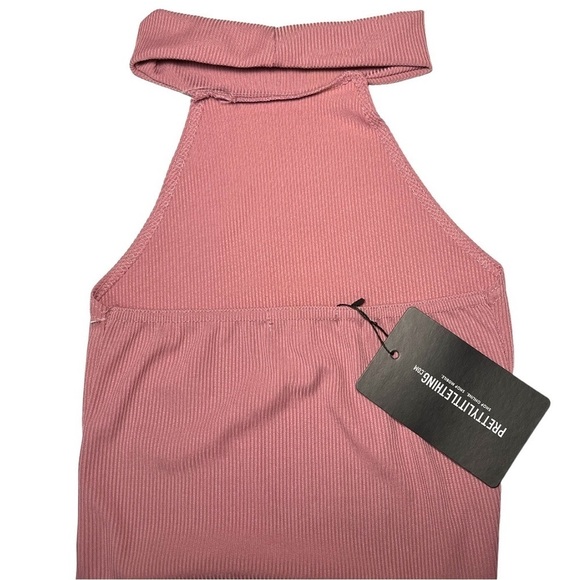 Pretty Little Thing | Basic Mauve Ribbed High Neck Split Detail Dress Sz 0 - Picture 6 of 8